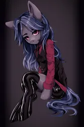 Size: 1942x2903 | Tagged: safe, artist:tweenstrip, derpibooru import, oc, oc:mattriel, unofficial characters only, earth pony, pony, semi-anthro, blue mane, clothes, earth pony oc, image, latex, latex stockings, long mane, long mane male, looking at you, male, necktie, pink eyes, png, red shirt, shorts, sitting, socks, solo, stallion, stockings, striped background, thigh highs, thighs, two toned mane, waistcoat