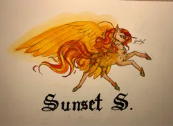 Size: 3627x2639 | Tagged: safe, artist:emilychristman, derpibooru import, sunset shimmer, alicorn, pony, alicornified, artificial wings, augmented, flying, image, jpeg, magic, magic wings, race swap, shimmercorn, solo, spread wings, traditional art, wings