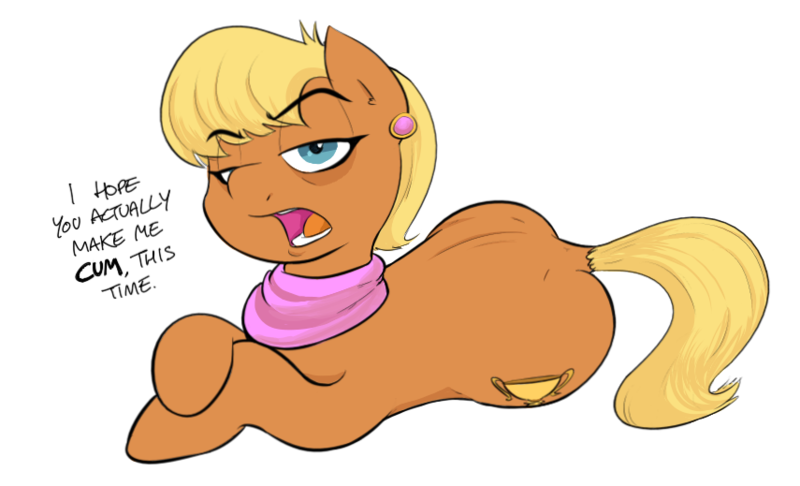 Size: 855x519 | Tagged: suggestive, artist:hippykat13, artist:shoutingisfun, color edit, edit, ms. harshwhinny, earth pony, pony, bully, bullying, colored, dialogue, dock, drawthread, female, image, lidded eyes, looking at you, lying down, mare, open mouth, png, simple background, solo, solo female, sultry pose, transparent background