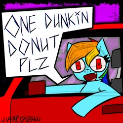 Size: 900x903 | Tagged: safe, artist:xxv4mp_g4z3rxx, derpibooru import, rainbow dash, pegasus, pony, car, driving, female, image, implied dunkin donuts, mare, png, red eyes, solo, text
