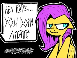 Size: 708x529 | Tagged: safe, artist:xxv4mp_g4z3rxx, derpibooru import, fluttershy, pegasus, pony, angry, black background, female, image, mare, pink mane, png, signature, simple background, solo, speech bubble, yellow coat