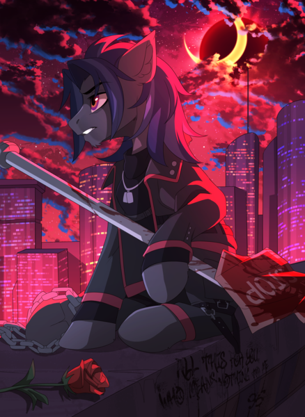 Size: 2000x2741 | Tagged: safe, artist:redchetgreen, derpibooru import, oc, oc:mattriel, unofficial characters only, earth pony, pony, annoyed, belt, blood, blood splatter, blood stains, blue mane, chains, city, cityscape, clothes, cloud, crescent moon, earth pony oc, eclipse, flower, full body, golden eyes, gritted teeth, harness, image, insanity, irritated, jacket, long mane, long mane male, male, melancholy, moon, night, night sky, open mouth, outdoors, pants, pink eyes, png, profile, red light, red sky, road sign, roof, rooftop, rose, sign, sitting, sky, skyscraper, solo, spire, stallion, stop sign, surreal, tack, teeth, tired, tired eyes, two toned mane