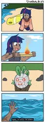 Size: 1194x3232 | Tagged: safe, artist:dimbulb, derpibooru import, twilight sparkle, human, beach, blackwashing, cast away, fire, humanized, image, implied spike, moderate dark skin, ocean, parody, png, raft, scar, sports, volleyball, water