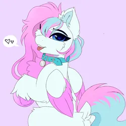 Size: 5000x5000 | Tagged: safe, derpibooru import, oc, oc:dyn, unofficial characters only, pony, blue eyes, blue tail, chest fluff, collar, colored hooves, colored wings, commission, dock, ear fluff, eyelashes, eyeshadow, facial markings, female, image, long mane, looking at you, looking back, makeup, mare, multicolored hair, multicolored mane, multicolored wings, pink mane, pink tail, pink wings, png, simple background, solo, solo female, sparkles, speech bubble, tail, tongue out, wings, ych result