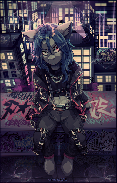 Size: 1905x2960 | Tagged: safe, artist:tweenstrip, derpibooru import, oc, oc:mattriel, unofficial characters only, earth pony, semi-anthro, aesthetics, belly, belt, blue mane, chains, city, cityscape, clothes, detailed background, earth pony oc, frown, full body, graffiti, harness, image, irritated, jacket, long mane, long mane male, looking up, male, neco-arc, neon, night, pants, pink eyes, png, roof, rooftop, sitting, skyscraper, smoke, solo, solo male, spotlight, tack, tree, two toned mane