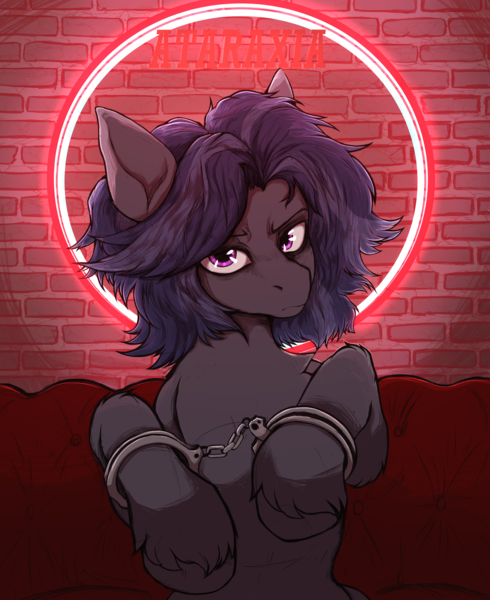 Size: 3400x4167 | Tagged: safe, artist:tatykin, derpibooru import, oc, oc:mattriel, unofficial characters only, earth pony, pony, blue mane, brick wall, chest fluff, circle, coach, cuffs, earth pony oc, fluffy, frown, image, long mane, long mane male, looking at you, male, neon, nimbus, png, presenting, raised hoof, red background, sign, simple background, sitting, solo, solo male, stallion, two toned mane
