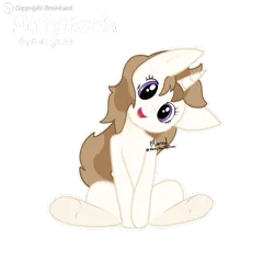 Size: 997x997 | Tagged: artist needed, safe, derpibooru import, oc, oc:fluffymarsh, unofficial characters only, pony, unicorn, brown mane, cute, female, food, gift art, head tilt, image, looking at you, mare, marshmallow, png, purple eyes, silly, silly pony, simple background, sitting, smiling, solo, transparent background, watermark