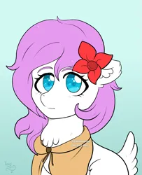 Size: 867x1067 | Tagged: safe, artist:yumomochan, derpibooru import, pony, cape, chest fluff, clothes, colored, commission, ear fluff, female, flat colors, flower, flower in hair, fluffy tail, image, mare, one ear down, png, tail