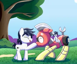 Size: 2000x1667 | Tagged: safe, artist:trackheadtherobopony, derpibooru import, oc, oc:michel tusche, oc:trackhead, pony, robot, robot pony, boop, female, filly, foal, height difference, image, jpeg, noseboop, plushie