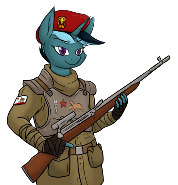 Size: 1702x1774 | Tagged: safe, artist:moonatik, derpibooru import, oc, oc:sol nightshade, unofficial characters only, anthro, pony, unicorn, anthro oc, armor, belt, beret, canteen, fallout, fallout: new vegas, flag, gun, hat, image, male, new california republic, png, rifle, simple background, sniper rifle, stallion, transparent background, weapon