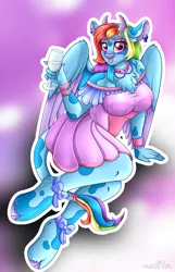Size: 3186x4946 | Tagged: safe, alternate version, artist:mailner, derpibooru import, rainbow dash, anthro, cow, pegasus, unguligrade anthro, blushing, clothes, collar, colored wings, corset, cow girl, cowgirl, cowified, cute, ear piercing, female, hooves, horns, image, looking at you, piercing, png, solo, species swap, wings