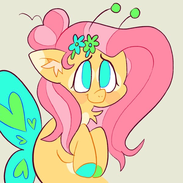 Size: 2048x2048 | Tagged: safe, artist:alexbeeza, derpibooru import, fluttershy, original species, pony, 2022, alternate design, alternate hairstyle, antennae, coat markings, colored hooves, female, flower, flower in hair, gossamer wings, image, jpeg, looking at you, mare, neck fluff, simple background, solo, spread wings, wings