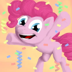 Size: 800x800 | Tagged: safe, artist:omnifob, derpibooru import, pinkie pie, earth pony, pony, confetti, image, png, smiling, solo, streamers
