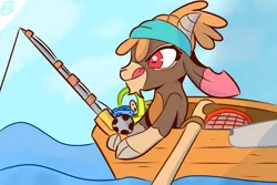 Size: 3000x2000 | Tagged: safe, artist:papacruda09, derpibooru import, fish, goat, them's fightin' herds, boat, bucket, cloven hooves, community related, concentrating, fishing, fishing rod, image, ocean, png, shanty (tfh), simple background, solo, water