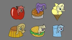 Size: 1920x1080 | Tagged: safe, artist:platinumdrop, derpibooru import, applejack, fluttershy, pinkie pie, rainbow dash, rarity, twilight sparkle, ponified, food pony, original species, pony, apple, applejack becoming an apple, burger, flan, food, food tf, food transformation, hay burger, ice cream, image, mane six, marshmallow, pie, pinkie pie (form), png, pudding, request, simple background, smiling, transformation, twilight burgkle