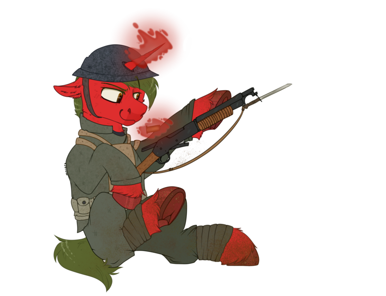 Size: 2100x1610 | Tagged: safe, artist:molars, derpibooru import, oc, oc:duskinito, unicorn, bayonet, clothes, colored, eyebrows, flat colors, gun, helmet, image, leg wraps, mud, png, raised eyebrow, raised leg, red fur, rifle, short tail, simple background, solo, tail, transparent background, underhoof, unshorn fetlocks, weapon