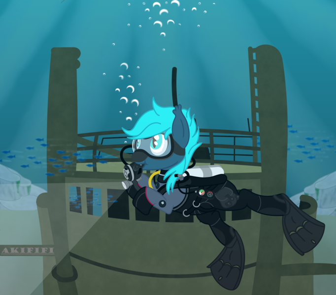 Size: 4500x3959 | Tagged: safe, artist:akififi, derpibooru import, oc, oc:guttatus, bat pony, fish, pony, air tank, bat pony oc, bat wings, boat, dive mask, diving suit, drysuit, flippers (gear), goggles, image, png, scuba diving, scuba gear, ship, solo, underwater, water, wetsuit, wings, wreck