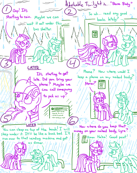 Size: 4779x6013 | Tagged: safe, artist:adorkabletwilightandfriends, derpibooru import, lyra heartstrings, twilight sparkle, twilight sparkle (alicorn), alicorn, pony, unicorn, comic:adorkable twilight and friends, adorkable, adorkable twilight, bus stop, comic, confused, cute, dork, duo, friendship, hiding, image, physics, png, puddle, rain, shaking, shaking hoof, shelter, sign, sitting, slice of life, smiling, water, we don't normally wear clothes