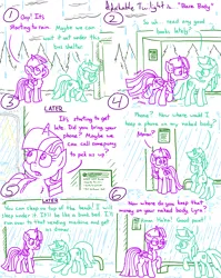Size: 4779x6013 | Tagged: safe, artist:adorkabletwilightandfriends, derpibooru import, lyra heartstrings, twilight sparkle, twilight sparkle (alicorn), alicorn, pony, unicorn, comic:adorkable twilight and friends, adorkable, adorkable twilight, bus stop, comic, confused, cute, dork, duo, friendship, hiding, image, physics, png, puddle, rain, shaking, shaking hoof, shelter, sign, sitting, slice of life, smiling, water, we don't normally wear clothes