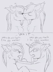 Size: 1400x1900 | Tagged: safe, artist:snowstormbat, derpibooru import, oc, oc:aphelion darkmoon, oc:midnight snowstorm, bat pony, pony, unicorn, dialogue, gay, glasses, image, implied incest, kissing, male, png, stallion