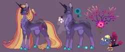 Size: 1280x531 | Tagged: safe, artist:malinraf1615, derpibooru import, star tracker, tempest shadow, oc, oc:thaly, earth pony, pony, unicorn, chest fluff, coat markings, colored hooves, deviantart watermark, female, freckles, horn, image, male, mare, obtrusive watermark, offspring, parent:star tracker, parent:tempest shadow, parents:tempest tracker, png, purple background, shipping, simple background, stallion, straight, tempestracker, unicorn oc, watermark