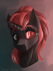 Size: 1500x2000 | Tagged: safe, artist:stardustspix, derpibooru import, oc, oc:protege, unofficial characters only, pony, unicorn, fallout equestria, fallout equestria: murky number seven, bust, fanfic art, image, png, portrait, red and black oc, solo