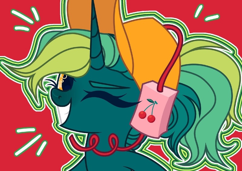 Size: 1280x906 | Tagged: safe, artist:justsadluna, derpibooru import, oc, unofficial characters only, pony, unicorn, bust, drinking hat, female, grin, hat, horn, image, jpeg, mare, one eye closed, red background, simple background, smiling, solo, unicorn oc, wink
