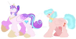 Size: 1024x525 | Tagged: safe, artist:lanternik, derpibooru import, cozy glow, starlight glimmer, alicorn, pony, alicornified, deviantart watermark, duo, female, filly, foal, hoof shoes, image, jpeg, mare, obtrusive watermark, race swap, raised hoof, simple background, starlicorn, watermark, white background, xk-class end-of-the-world scenario