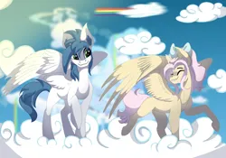 Size: 934x655 | Tagged: safe, artist:brybrychan, derpibooru import, oc, unofficial characters only, pegasus, pony, cloud, duo, image, looking back, on a cloud, pegasus oc, png, raised hoof, smiling, wings