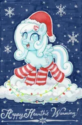Size: 1764x2688 | Tagged: safe, artist:dandy, derpibooru import, oc, oc:snowdrop, unofficial characters only, pegasus, pony, candy, candy cane, christmas, christmas lights, clothes, cloud, copic, ear fluff, female, filly, foal, food, hat, holiday, image, looking at you, night, open mouth, pegasus oc, png, santa hat, snow, snowflake, socks, solo, text, traditional art, wings