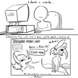 Size: 1584x1584 | Tagged: suggestive, artist:tjpones, derpibooru import, dragon, human, black and white, computer, dragoness, female, grayscale, grin, image, implied blowjob, implied oral, implied sex, male, monochrome, open mouth, png, smiling, solo, solo male, text, tongue out, website