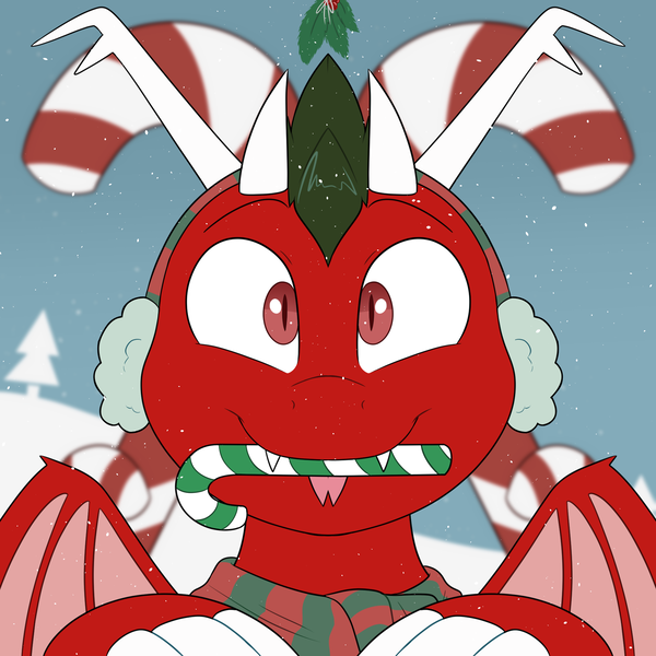 Size: 2000x2000 | Tagged: safe, artist:2k.bugbytes, ponybooru import, oc, oc:dragonfire(havock), unofficial characters only, dracony, hybrid, bust, candy, candy cane, christmas, clothes, commission, cute, cute little fangs, earmuffs, fangs, food, holiday, holly, holly mistaken for mistletoe, image, looking at you, male, mouth hold, png, portrait, scarf, smiling, snow, snowfall, solo, tongue out, ych result