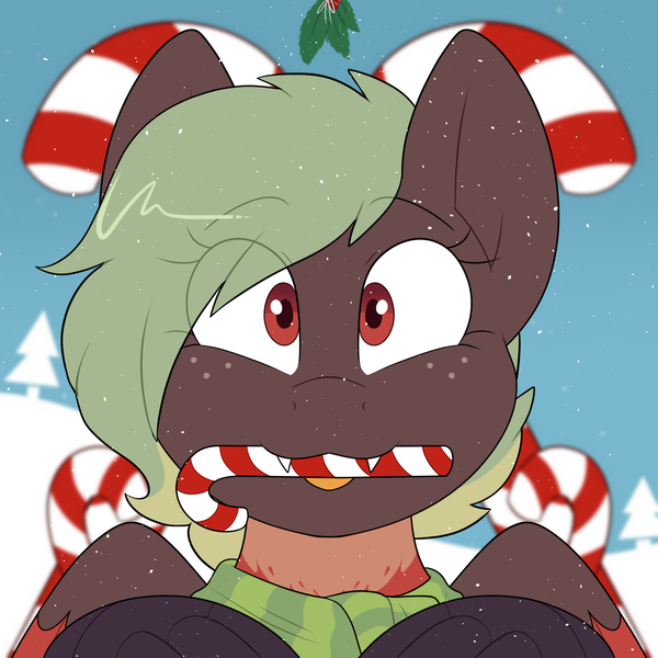 Size: 2000x2000 | Tagged: safe, artist:2k.bugbytes, ponybooru import, oc, unofficial characters only, hippogriff, bust, candy, candy cane, christmas, clothes, commission, cute, cute little fangs, fangs, female, food, freckles, holiday, holly, holly mistaken for mistletoe, image, looking at you, markings, mouth hold, png, portrait, scarf, smiling, smiling at you, snow, snowfall, solo, tongue out, two toned mane, ych result
