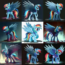 Size: 1536x1536 | Tagged: safe, derpibooru import, machine learning generated, midjourney, rainbow dash, pegasus, pony, g4, image, looking away, mud, multiple variants, png, raised hoof, shading, shadow, simple background, smiling, solo, spread wings, wings