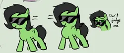 Size: 401x174 | Tagged: safe, artist:truthormare, ponerpics import, oc, oc:anonfilly, earth pony, pony, /bale/, aggie.io, dancing, dialogue, female, filly, image, looking at you, png, simple background, solo, sunglasses