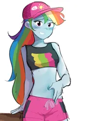 Size: 1280x1564 | Tagged: safe, artist:morusae, derpibooru import, rainbow dash, equestria girls, belly button, blushing, cap, clothes, cute, hand, hat, image, jpeg, midriff, swimsuit