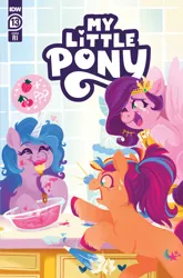 Size: 2063x3131 | Tagged: safe, derpibooru import, idw, official, izzy moonbow, pipp petals, sunny starscout, earth pony, pegasus, pony, unicorn, spoiler:comic, spoiler:g5, spoiler:g5comic, spoiler:g5comic13, baking, cherry, comic cover, crying, female, food, g5, image, jpeg, laughing, mare, mobile phone, one eye closed, phone, smartphone, strawberry, tears of laughter, wink
