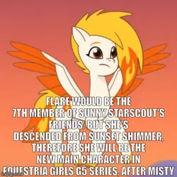 Size: 500x500 | Tagged: safe, derpibooru import, edit, edited screencap, screencap, pegasus, my little pony: tell your tale, cropped, flare (g5), g5, image, implied equestria girls, implied misty, implied sunset shimmer, jpeg, photo, solo, spoilers for another series, text, theory