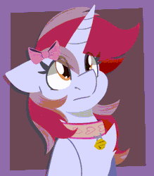 Size: 1120x1280 | Tagged: safe, artist:modularpon, derpibooru import, oc, oc:cinnamon lightning, unofficial characters only, pony, unicorn, animated, bell, bell collar, bow, collar, gif, hair bow, horn, image, solo, unicorn oc