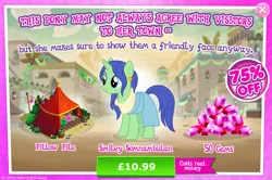 Size: 1956x1300 | Tagged: safe, derpibooru import, official, nile faras, pony, unicorn, advertisement, bush, clothes, costs real money, ear piercing, earring, english, female, gameloft, gem, horn, image, jewelry, jpeg, mare, mobile game, my little pony: magic princess, numbers, piercing, pillow, sale, solo, solo focus, somnambula resident, tent, text