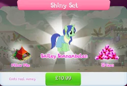 Size: 1268x860 | Tagged: safe, derpibooru import, official, nile faras, pony, unicorn, bundle, bush, clothes, costs real money, ear piercing, earring, english, female, gameloft, gem, horn, image, jewelry, jpeg, mare, mobile game, my little pony: magic princess, numbers, piercing, pillow, sale, solo, solo focus, somnambula resident, tent, text