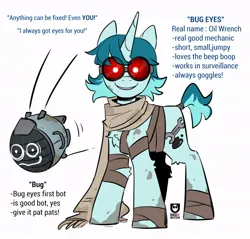 Size: 944x904 | Tagged: safe, artist:redxbacon, derpibooru import, oc, oc:bugeyes, robot, unicorn, bandage, clothes, dialogue, dirty, fallout, fallout 4, goggles, image, jpeg, reference sheet, scarf, simple background, solo, white background
