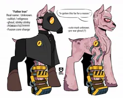 Size: 1199x971 | Tagged: safe, artist:redxbacon, derpibooru import, oc, oc:father iron, earth pony, ghoul, pony, undead, dialogue, gas mask, image, jpeg, mask, power fist, priest, red eyes, scar, simple background, solo, white background
