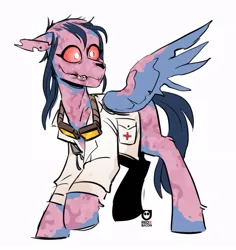 Size: 695x735 | Tagged: safe, artist:redxbacon, derpibooru import, oc, oc:patchwork, unofficial characters only, ghoul, pegasus, pony, undead, zombie, clothes, fallout, goggles, image, jpeg, lab coat, red eyes, scar, simple background, solo, white background