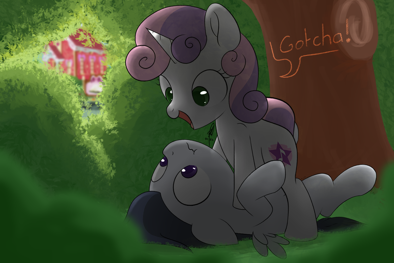 Size: 1800x1200 | Tagged: safe, artist:dtcx97, artist:hopefulsparks, derpibooru import, rumble, sweetie belle, pegasus, pony, unicorn, alternate cutie mark, colt, detailed background, dialogue, female, filly, foal, foliage, hidden, image, male, outdoors, playing, png, raised tail, rumbelle, shipping, straight, tail, text, young