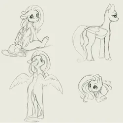 Size: 4000x4000 | Tagged: safe, artist:miokomata, derpibooru import, fluttershy, pegasus, pony, absurd resolution, bipedal, bipedal leaning, butt, cute, female, floppy ears, flutterbutt, freckles, freckleshy, grayscale, image, jpeg, leaning, looking at you, looking back, looking back at you, mare, monochrome, plot, shyabetes, simple background, sitting, sketch, solo, white background