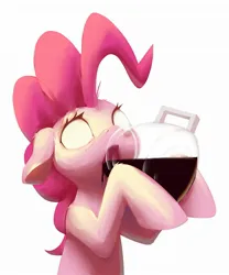 Size: 1814x2181 | Tagged: safe, alternate version, artist:senaelik, derpibooru import, pinkie pie, earth pony, pony, background removed, blank eyes, chugging, coffee, coffee pot, drinking, glow, glowing eyes, hoof hold, image, jpeg, open mouth, pinkie found the coffee, simple background, solo, white background, xk-class end-of-the-world scenario