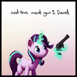 Size: 2500x2500 | Tagged: safe, artist:senaelik, derpibooru import, starlight glimmer, pony, unicorn, and this gun i found, female, gradient background, gun, handgun, image, jpeg, levitation, magic, mare, meme, revolver, solo, telekinesis, weapon