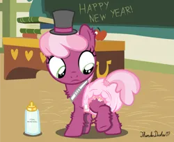 Size: 1357x1110 | Tagged: suggestive, artist:thunderdasher07, derpibooru import, cheerilee, earth pony, age regression, apple, baby bottle, baby new year, book, chalkboard, classroom, desk, diaper, diaper fetish, fetish, food, hat, image, non-baby in diaper, png, ponyville schoolhouse, poofy diaper, sash, solo, top hat, wetness indicator