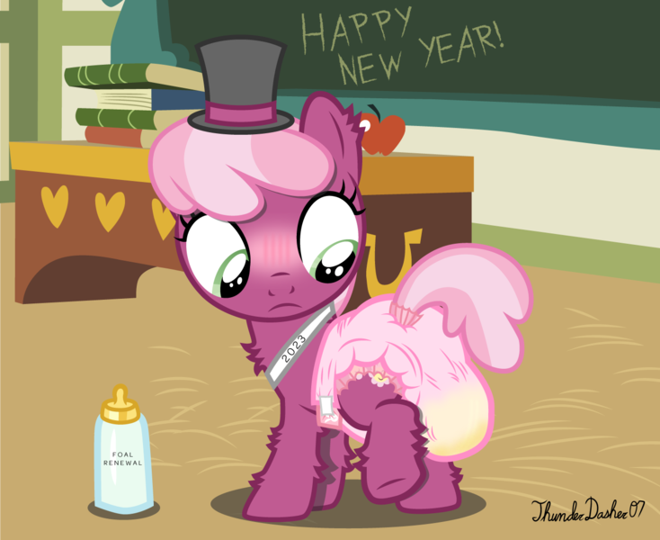 Size: 1357x1110 | Tagged: questionable, alternate version, artist:thunderdasher07, derpibooru import, cheerilee, earth pony, age regression, apple, baby bottle, baby new year, blushing, book, chalkboard, classroom, desk, diaper, diaper fetish, fetish, food, full diaper, hat, image, messy diaper, non-baby in diaper, pissing, png, ponyville schoolhouse, poofy diaper, pooping in diaper, poopy diaper, raised tail, sash, solo, tail, top hat, urine, wet diaper, wetness indicator, wetting